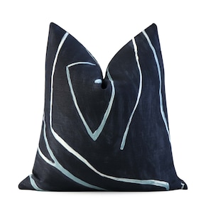 Kelly Wearstler Graffito Navy Pillow Cover with Zipper, Modern Home Decor, Blue Cushion Sham, Designer Navy and Light Blue Cushion Decor