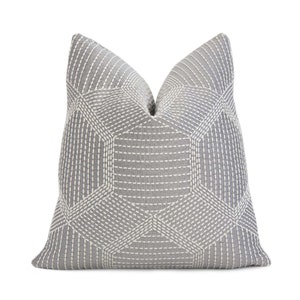 SAMPLE SALE Schumacher Embroidered Tortuga Grey Throw Pillow Cover with Gold Zipper, Designer Euro Sham Cushion Case Decor, Textured Accent