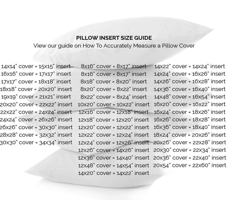 May include: A guide for measuring pillow inserts and covers. The guide lists the standard sizes for pillow covers and the corresponding insert sizes. For example, a 14x14 inch pillow cover requires a 15x15 inch insert.