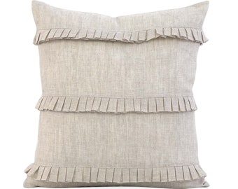 Schumacher Dorothy Linen Beige Decorative Throw Pillow Cover with Box Pleats, Euro Sham Square Cushion Linen Case for Sofa Chair Bed, Zipper