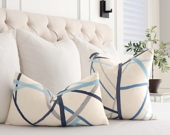 Blue and Gray Designer Lumbar Throw Pillow Cover with Zipper, Kelly Wearstler Simpatico Sky, Linen Cushion Sham, High End Contemporary Decor