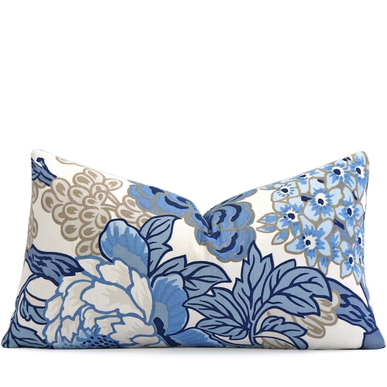 Large Floral Print Lumbar Rectangle Botanic Tan Bedding Botanic Decor Flowery Couch Pillow Thibaut Honshu Blue and Beige Cushion Sham