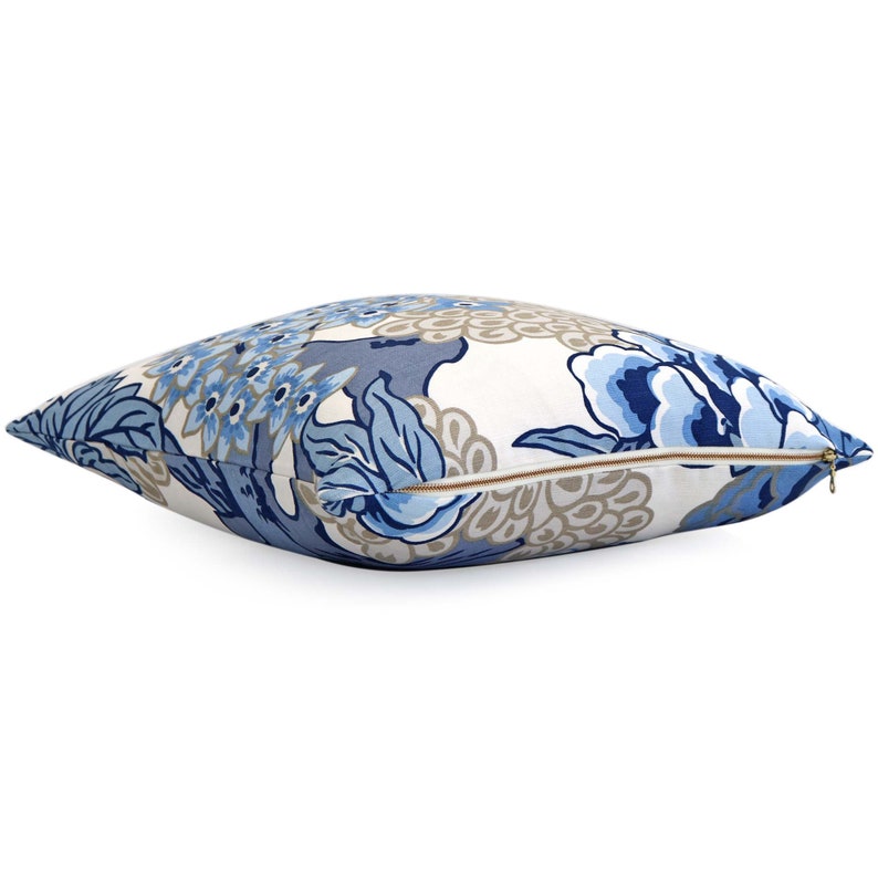 Large Floral Print Lumbar Rectangle Botanic Tan Bedding Botanic Decor Flowery Couch Pillow Thibaut Honshu Blue and Beige Cushion Sham