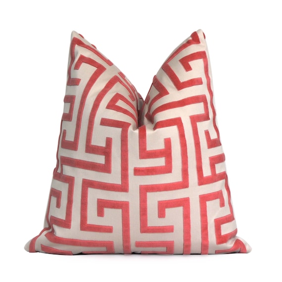 SALE Thibaut Ming Trail Red Cushion Cover With Zipper 16x16 17x17 18x18 Velvet Greek Key Maze Pillow Cover Chinoiserie Designer Sham Etsy