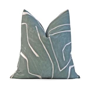 Kelly Wearstler Graffito Denim Pillow Cover with Zipper, Modern Home Decor, Grayish-Green Greenish-Gray Cushion Sham, Designer Cushion Decor
