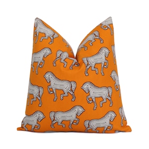 SAMPLE SALE Schumacher Faubourg Horse Throw Pillow Cover with Brass Zipper, Orange Designer Animal Euro Sham for Home Decor