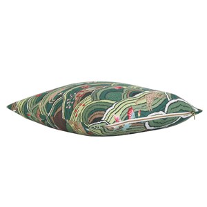 May include: A green and brown patterned throw pillow with a zipper closure. The pillow features a repeating pattern of stylized hills, trees, and animals.
