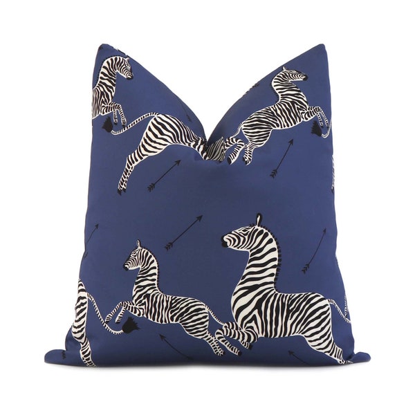 SALE Scalamandre Zebras Petite Denim Blue Decorative Throw Pillow Cover with Zipper, Animal Print Euro Sham Cushion Case for Living Decor