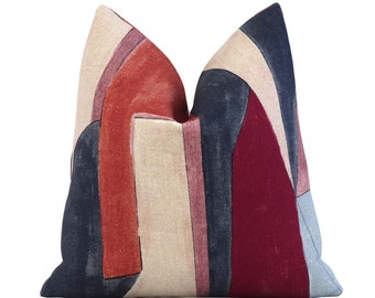 Red, Blue, Orange Ivory Color Block Decorative Designer Pillow Cover with Zipper, Linen Cushion, Kelly Wearstler Groundworks District Claret