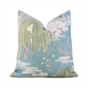 Thibaut Willow Tree Turquoise Blue Decorative Throw Pillow with Gold Zipper, Chinoiserie Cherry Blossoms Euro Sham Cushion Case for New Home