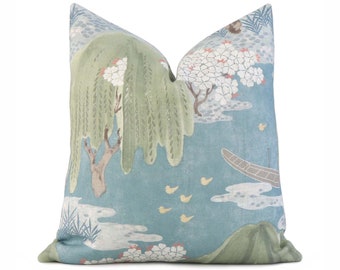 Thibaut Willow Tree Turquoise Blue Decorative Throw Pillow with Gold Zipper, Chinoiserie Cherry Blossoms Euro Sham Cushion Case for New Home