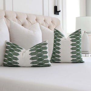 Hunter Green Textured Geometric Decorative Lumbar Throw Pillow Cover for Queen Size Bed, Thibaut Nola Embroidered Long Skinny Pillows