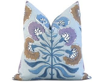 Thibaut Tybee Tree Lavender and Blue Linen Throw Pillow Cover with Gold Zipper, Handmade Pillows, Euro Sham Cushion Case for New Home