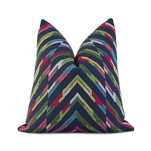 Thibaut Hamilton Embroidered Chevron Navy Blue Throw Pillow Cover Case with Zipper for Sofa Home Decor, Designer High End Striped Cushion