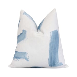 SAMPLE SALE Schumacher Sepiessa Brushstrokes Throw Pillow Cover in Sky Blue and White, Modern Euro Sham Cushion Case with Zipper, Handmade