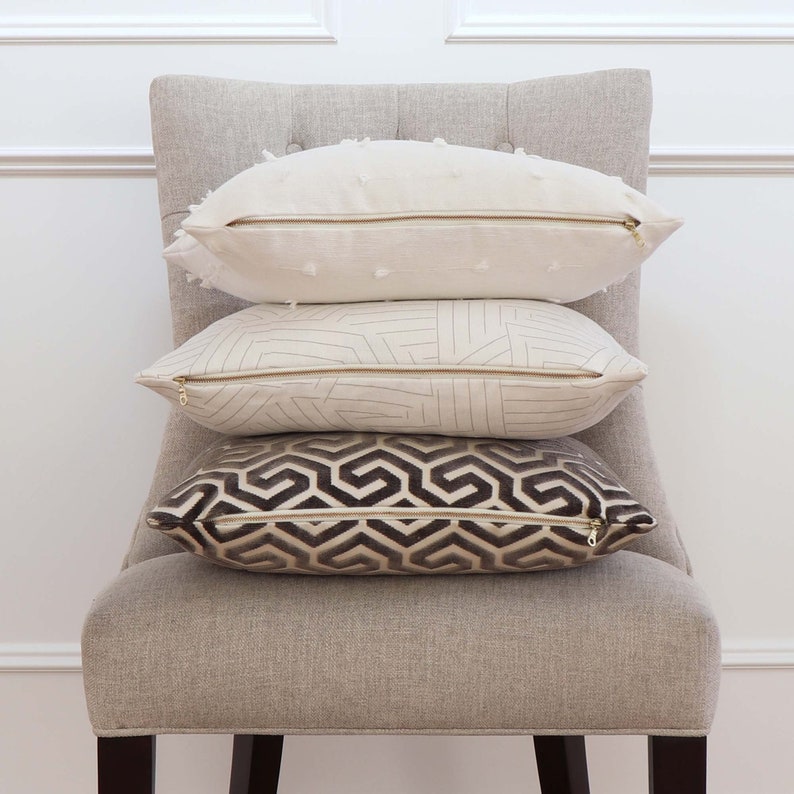 Cut Velvet Ming Fret Taupe Lumbar Pillow Cover With Zipper Etsy