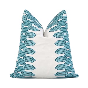 Thibaut Embroidered Nola Stripe Aqua Designer Throw Pillow Cover with Gold Zipper for Sofa Cushions, Handmade Accent Toss Slip Cases