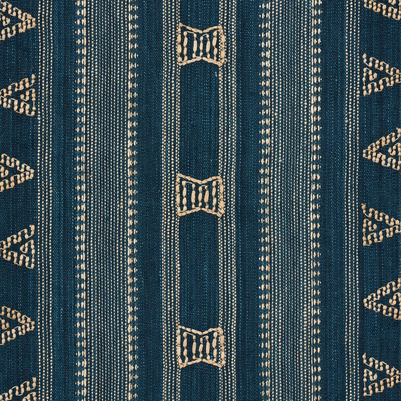 Puede incluir: Tela azul verdosa con un patr&oacute;n tejido de formas geom&eacute;tricas blancas y beige. El patr&oacute;n incluye filas de tri&aacute;ngulos peque&ntilde;os, filas de cuadrados peque&ntilde;os y filas de figuras m&aacute;s grandes en forma de lazo.