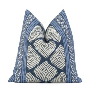 Thibaut Austin Navy Geometric Designer Linen Pillow Cover, 20x20 22x22 24x24 Euro Sham Lumbar Size, Blue Tribal Print Zippered Linen Cushion