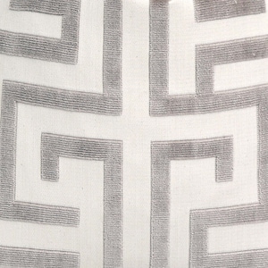 May include: White fabric with a gray geometric pattern. The pattern is a repeating design of squares and rectangles.