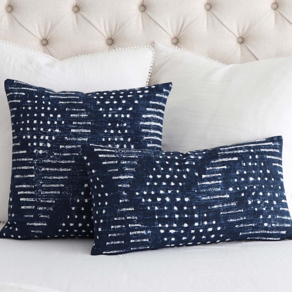 SAMPLE SALE Thibaut Mali Blue and White Lumbar Throw Pillow Cover with Zipper, Navy Batik Designer Sham Cushion Case for Bedroom Pillows