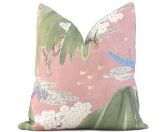 Thibaut Willow Tree Blush Pink Decorative Throw Pillow with Gold Zipper, Chinoiserie Cherry Blossoms Euro Sham Cushion Case for New Home