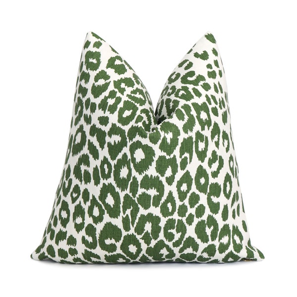 SAMPLE SALE Schumacher Leopard Print 18x18" Throw Pillow Cover with Zipper for Living Room, Chic Bedroom, Green White Animal Print