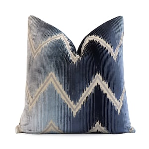 Schumacher Shock Wave Midnight Velvet Cushion Cover with Zipper, Geometric Ombre Pillow Cover, Silk Velvet Chevron Designer Accent Decor