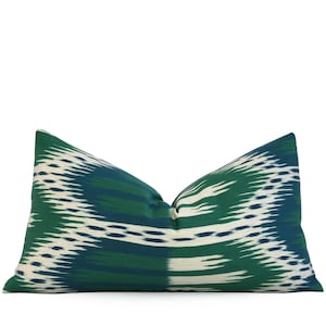 SALE Schumacher Bukhara Horizontal Ikat Green and Blue Pillow Cover, Zippered Lumbar Cushion Cover, 12x20 12x22 10x20 12x18