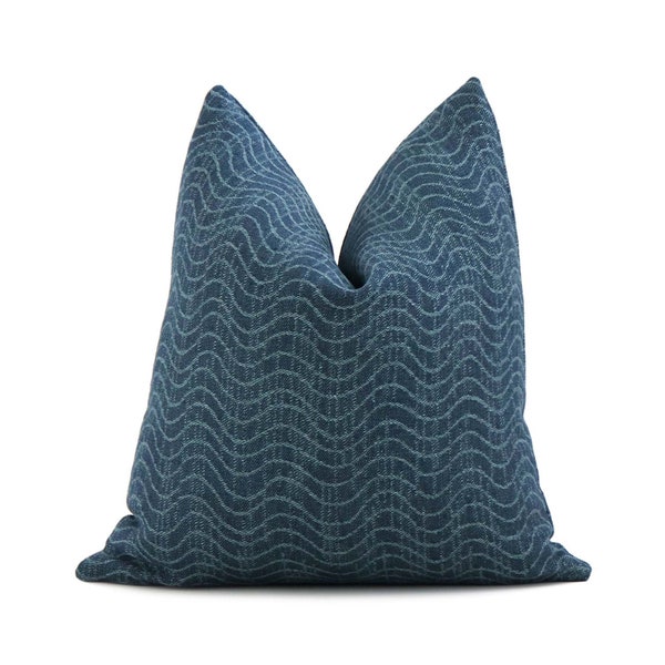 Kelly Wearstler Dadami Marlin Blue Stripe Waves Throw Pillow Cover with Zipper for New Home Decor, Linen Jacquard Cushion Euro Sham Cases