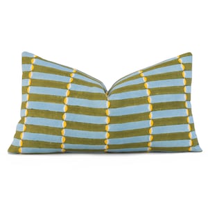 Linen Green Blue Yellow Striped Lumbar Throw Pillow Cover for Bed, Handmade Indian Block Print, Molly Mahon Schumacher, Luna Khaki Turquoise