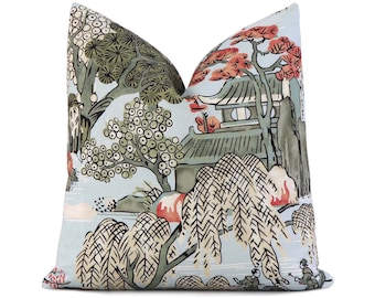 Thibaut Asian Scenic Robin&#39;s Egg Decorative Throw Pillow with Gold Zipper, Chinoiserie Pagoda Euro Sham Cushion Case in Orange Green Blue