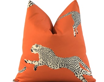 Scalamandre Leaping Cheetah Clementine Orange Throw Pillow Cover with Gold Zipper for Couch, Square Euro or Rectangle Designer Accent Pillow