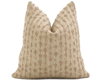 Kelly Wearstler Serai Bouclé Alabaster Tan Throw Pillow Cover with Zipper, Rectangle Lumbar Euro Sham Textured Cushion Case, Designer Fabric