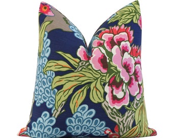 Thibaut Honshu Navy Throw Pillow Cover with Zipper, Large Floral Euro Sham Accent Toss, Designer Cushion Case, Colorful Floral Bedding Decor