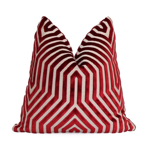 Schumacher Vanderbilt Garnet Red Pillow Cover, Square or Lumbar Zippered Pillowcase, Red Geometric Stripe Cushion Sham, Velvet Slip Cover