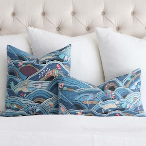 Blue Rolling Hills Throw Pillow Cover Case with Gold Zipper, Schumacher Designer Luxury Linen, Nature Euro Sham Accent Cushion for Bedding