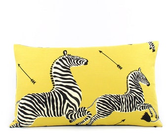 Scalamandre Yellow Zebra Pillow Cover 16x26", Lumbar Throw Pillow, Toss Pillow, Yellow Pillows, Right Facing Zebra Migration