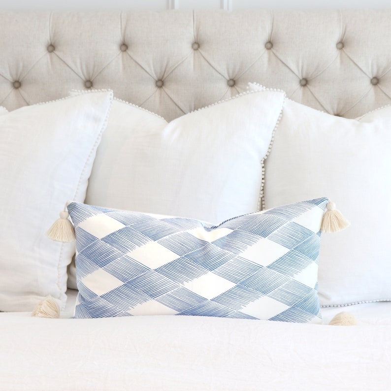 Trellis Tassel Blue Cushion Cover with Cream Tassels Blue Etsy