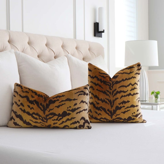 Silk Velvet Tiger Print Lumbar Throw Pillow Cover With Zipper in Gold Black Scalamandre Le Tigre Designer Animal Posh Nursery and Bedroom Etsy