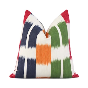 SALE Thibaut Kasuri Orange Green Pink Blue Striped Designer Throw Pillow Cover with Zipper for Chairs Sofas, Linen Euro Sham Cushion Case