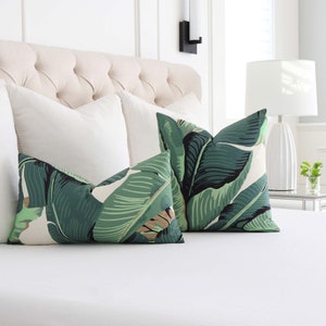 Tropical Green Palm Banana Leaf Lumbar Throw Pillow Cover with Zipper, Scalamandre Designer Print for White Bedroom, Accent Toss Cushion image 1