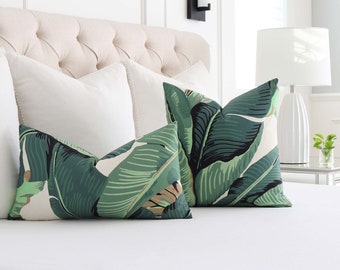 Tropical Green Palm Banana Leaf Lumbar Throw Pillow Cover with Zipper, Scalamandre Designer Print for White Bedroom, Accent Toss Cushion