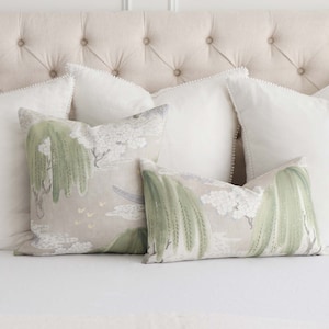 Willow Tree and Cherry Blossoms Lumbar Throw Pillow Cover with Zipper for Bedroom Bedding, Thibaut Designer Floral Pattern in Beige & Green