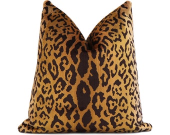 Scalamandre Silk Leopardo Designer Animal Cushion Sham for Home Decor, Velvet Leopard Print Throw Pillow Cover with Zipper in Gold & Black