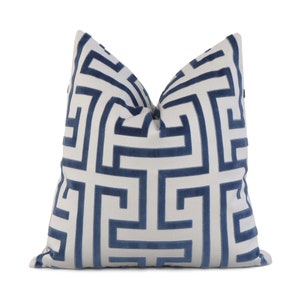 Thibaut Ming Trail Navy Blue and White Cushion Cover with Zipper, Velvet Greek Key Maze Pillow Cover, Chinoiserie Designer Pillow Cover