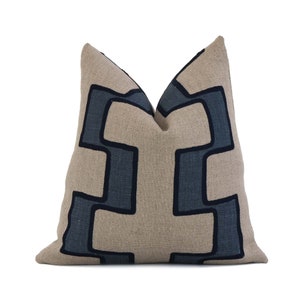 Dixon Embroidered Blue Throw Pillow Cover for Modern Living Room Decor, Luxury Textured Linen Cushion Case, Designer Schumacher