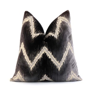 Schumacher Shock Wave Platinum Velvet Cushion Cover with Zipper, Geometric Black Gray Ombre Pillow Cover in Silk, Chevron Designer Decor