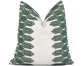 Thibaut Embroidered Nola Stripe Green Designer Throw Pillow Cover with Gold Zipper for Living Room Couch, Handmade Cushion Accent Toss Cases