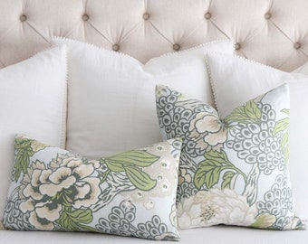 Light Blue Floral Throw Pillow Cover Case, Large Garden Print Lumbar Cushion, Botanical Decor Bedroom Bedding, Thibaut Honshu Robin’s Egg